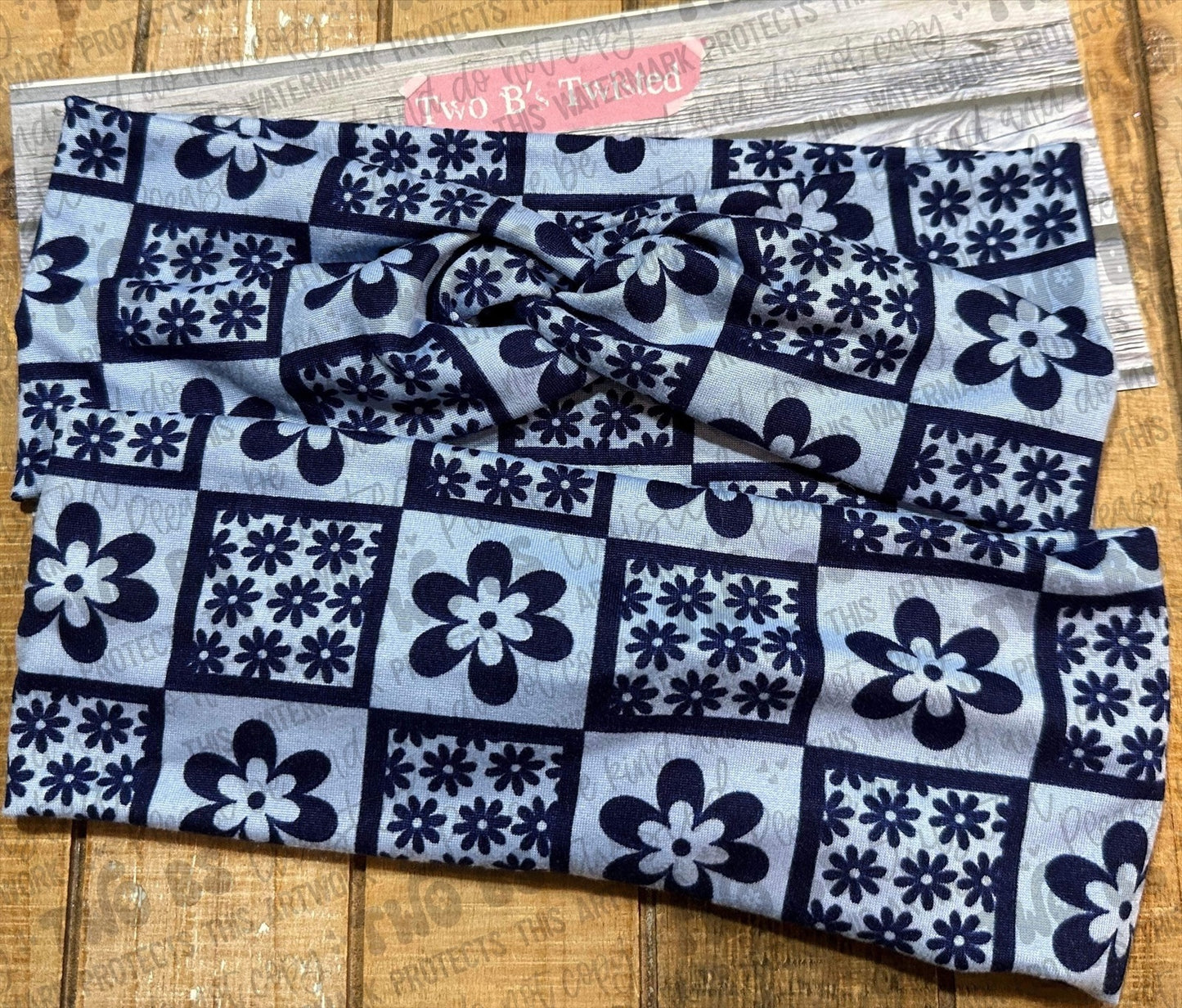 Retro Blue Floral Twist Headband